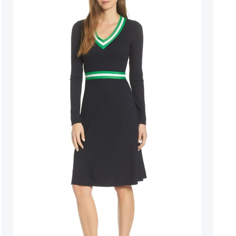 1901 Nordstrom Navy Sapphire Ribbed Knit V-Neck Midi Dress Green Stripe Small